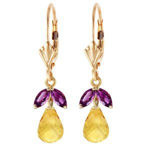 14K. GOLD LEVERBACK EARRING W CITRINES & AMETHYST